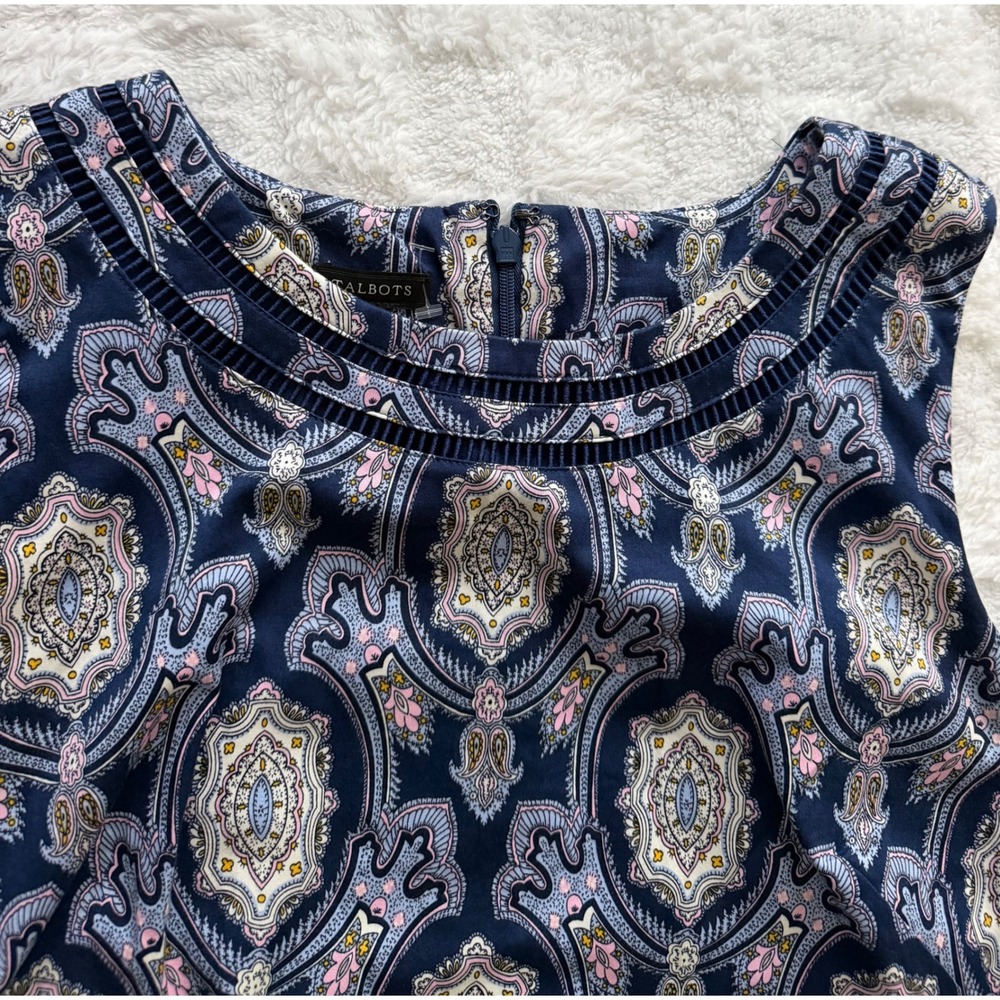 Talbots Navy Blue Paisley Medallion Sleeveless Shift Dress Ladder Stitch Neck 6